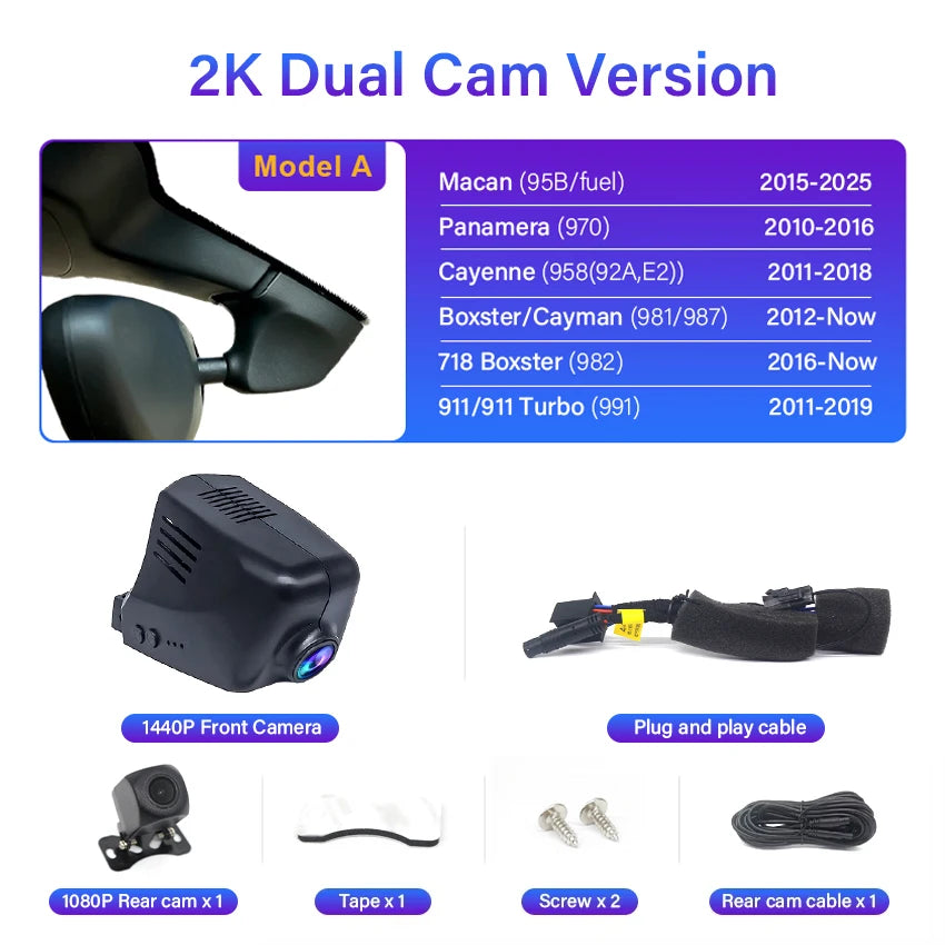 4K Plug And Play Easy Installation Wifi Car DVR Dash Cam For Porsche Cayenne/Macan/911/Taycan/Panamera/718 Boxster & Cayman Car Mobile World