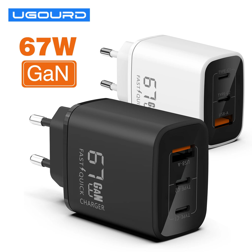 GaN 67W Quick charger type c pd 65w Super fast charger USB C and USB A 3 Ports with QC 4.0 3.0 for Samsung iPhone 15 Pro Laptop Car Mobile World