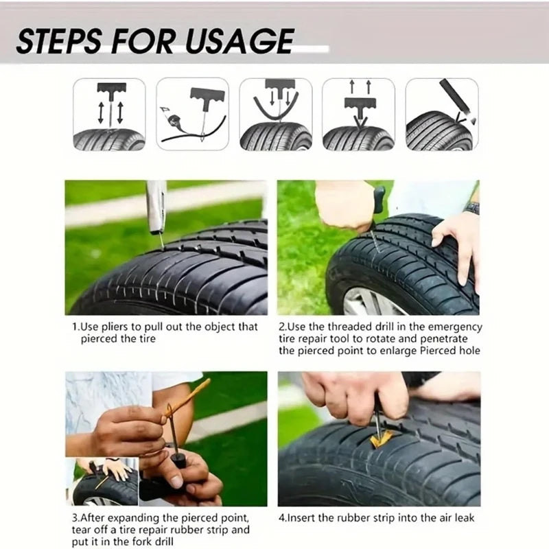 Car Tire Repair Tool Kit with Rubber Strips Tubeless Tyre Puncture Studding Plug Auto Motorcycle Truck Vacuum Tire Repair Tool