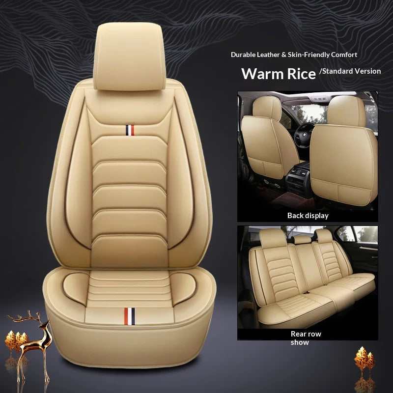 Five-seat car seat covers with dual-tone trim, luxury leather upholstery, fits most vehicles CM World