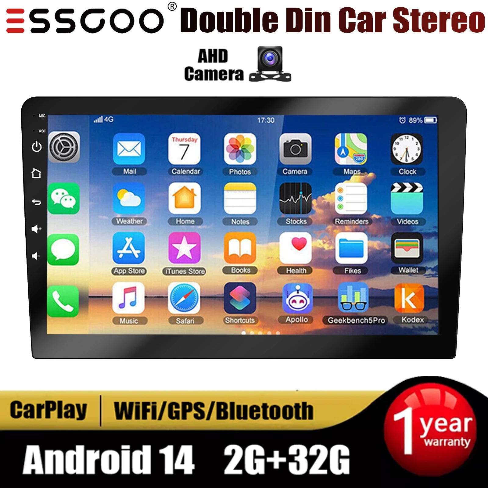 ESSGOO 10.1" Android 14 Carplay Car GPS Radio Stereo Double 2Din Head Unit FM SWC Bluetooth 4+64GB IPS Split Touch Screen WiFi CM World