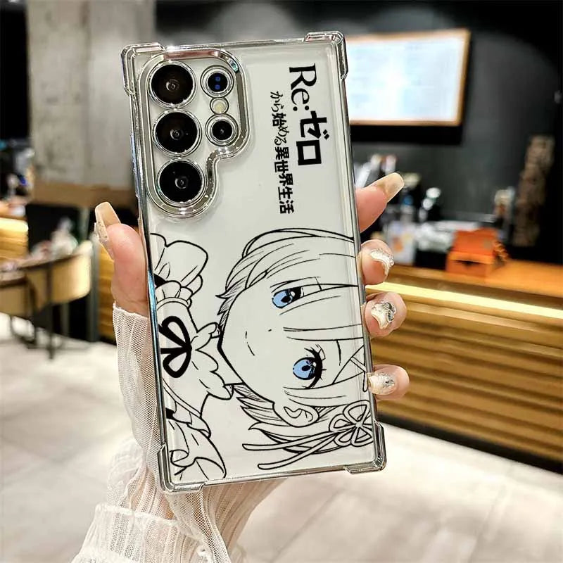 Anime Cute Rem Emilia For Samsung S26 S25 Edge S24 S23 S22 S21 S20 FE Ultra Plus Lite Plating Anti-Fall Phone Case