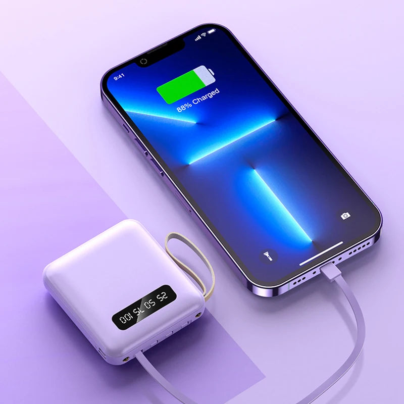20000mAh Power Bank With Cable LED Digital Portable External Battery Pack for iPhone 16 15 Samsung Xiaomi Huawei Mini Powerbank
