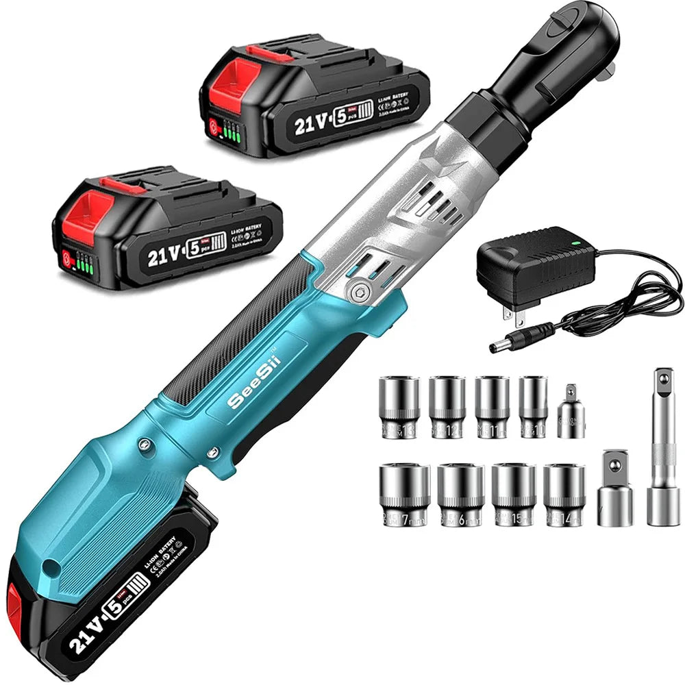 SEESII 21V Cordless 3/8" Electric Ratchet Wrench 90NM Electric Wrench 3" Extended Ratchet Wrench 200RPM Power Car Repair Tools