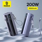 Baseus 200W 25000mAh Power Bank Dual Retractable USB-C Cables 4-Device Fast Charge Portable External Battery Charger For Laptop Car Mobile World
