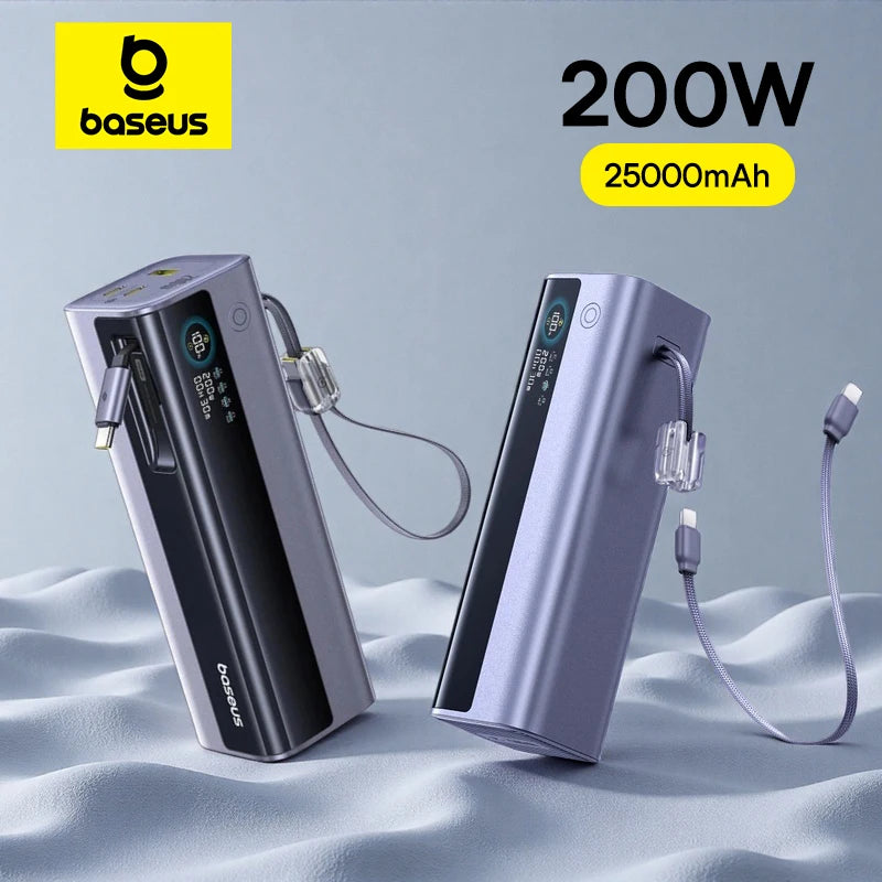 Baseus 200W 25000mAh Power Bank Dual Retractable USB-C Cables 4-Device Fast Charge Portable External Battery Charger For Laptop Car Mobile World