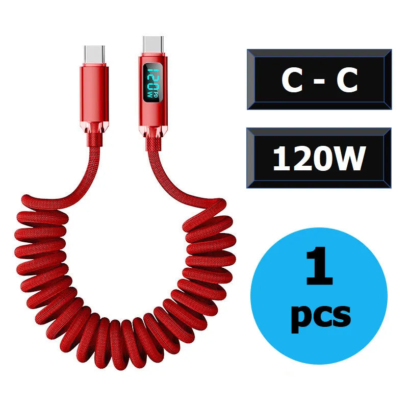 120W Car Retractable Cable Digital Display Spring USB A Type C To Type C Cable For Samsung iPhone 16 Fast Charging Charger Cable