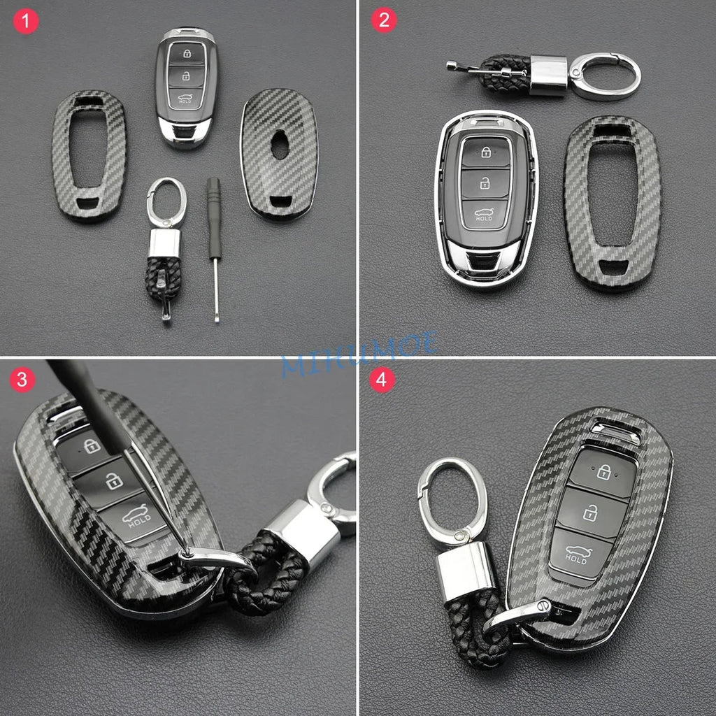 For Hyundai Carbon Fiber Car Smart Key Cover Case Chain Accessories Veloster Accent Palisade Elantra GT Venue Santa Fe Kona i30 CM World