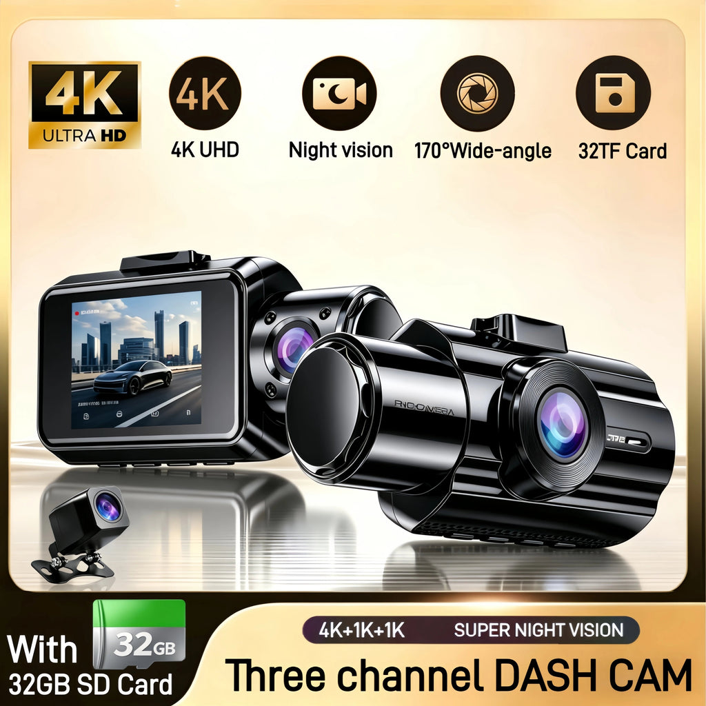 Car DVR 3Channel Dash Cam for Car 4K Video Recorder Dashcam Front and Rear View Camera Night Vision Car Accessories With 32GB Car Mobile World