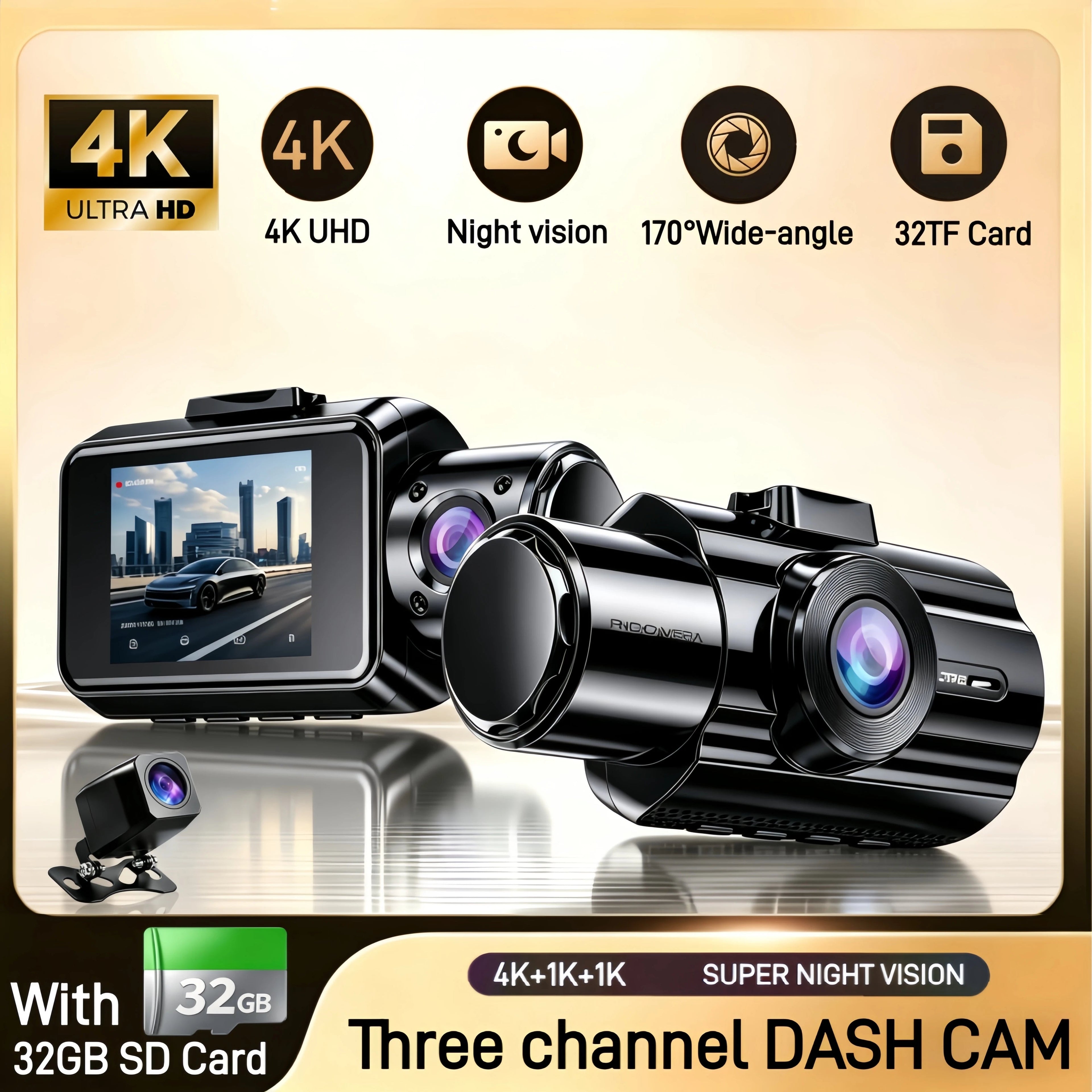 Car DVR 3Channel Dash Cam for Car 4K Video Recorder Dashcam Front and Rear View Camera Night Vision Car Accessories With 32GB Car Mobile World