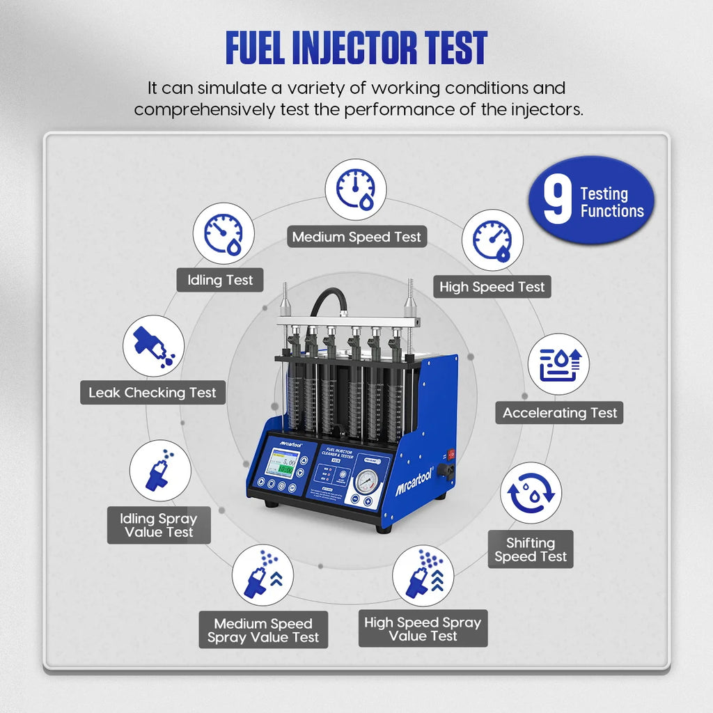 MR CARTOOL V310 Fuel Injector Cleaner & Tester Machine, 6‑Cylinder Ultrasonic Cleaning Tester for GDI EFI FSI Petrol Car Injector Nozzle, Auto Fuel System Diagnostic Inspection Tool for Repair Workshop