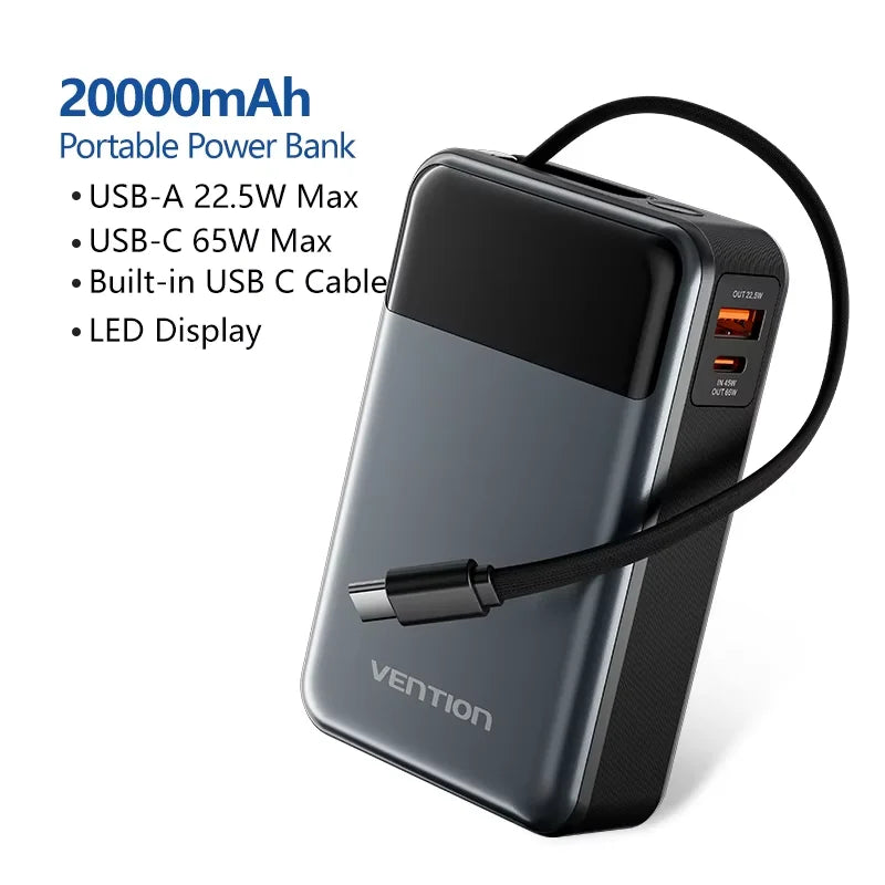 Vention 65W Power Bank 20000mAh Built-in USB-C Cable Portable Powerbank for Laptop PD Fast Charger for iPhone 17 Samsung S25 S24 Car Mobile World
