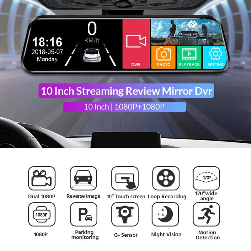 10 Inch Car DVR Car Touch Screen Driving Recorder Supports 1080P Front and Rear HD Night Vision Car Video Recorder