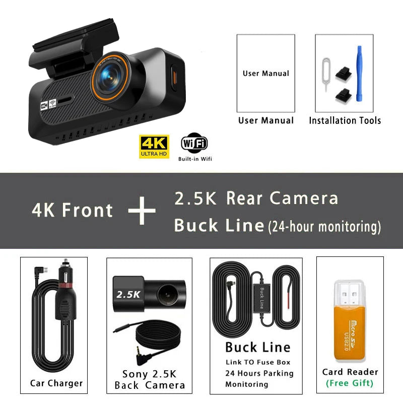 4K 2160P+2.5K 1440P ADAS Dual Lens Car Dash Cam WiFi Connect Front And Rear View Black Box 24H Parking Assistance for Vehicle