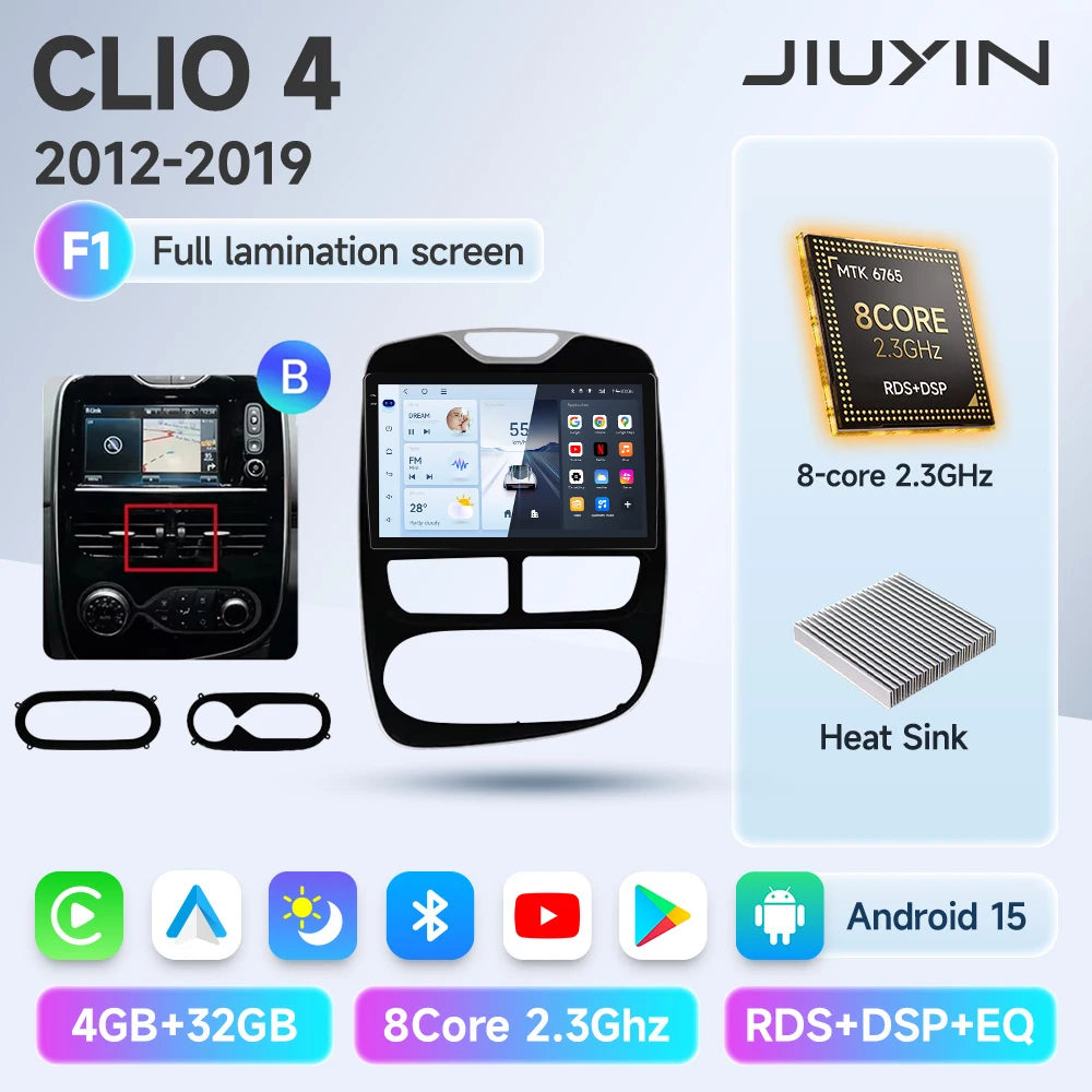 JIUYIN Android 15 Wireless CarPlay Auto Car Radio For Renault Clio 4 ZOE 2012-2019 Intelligent Systems DSP SWC RDS GPS FM BT CM World