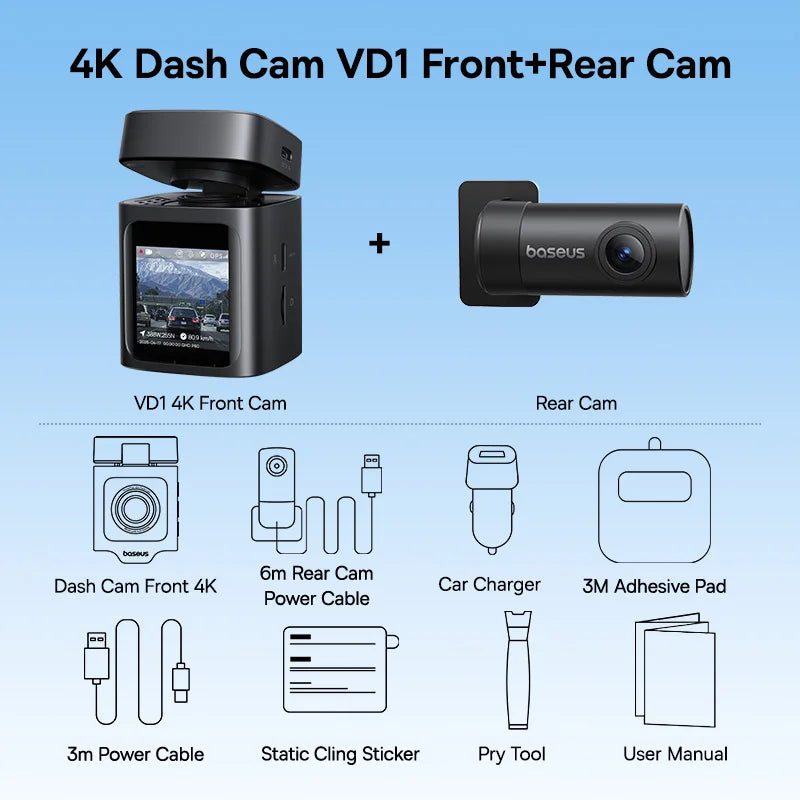 Baseus 4K Dash Cam VD1 Pro Front and Rear UHD Car Camera for SONY Sensor Supercapatior Night Vision WiFi6 DVR Video Recorder Car Mobile World
