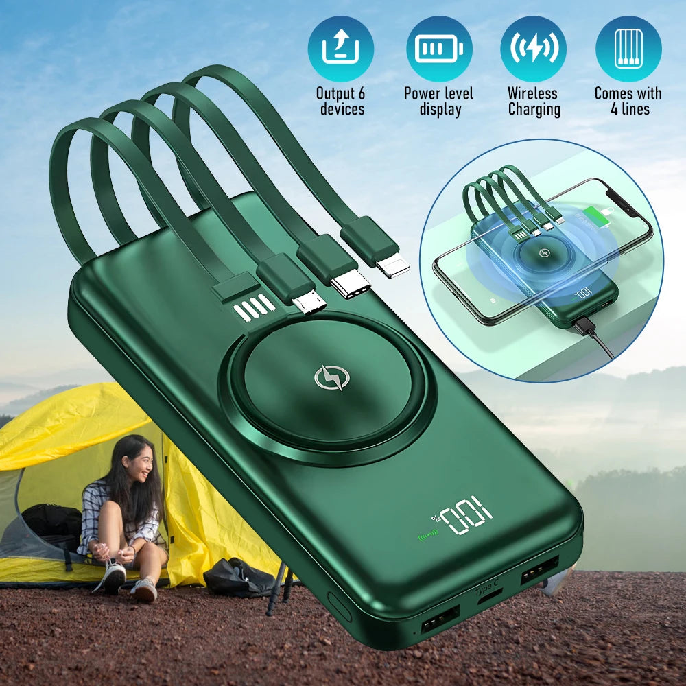 20000mAh Wireless Power Bank Fast Charging Built-in Quad Power Cable Mobile Phone Charger For Iphone 13 14 15 Xiaomi Samsung Car Mobile World