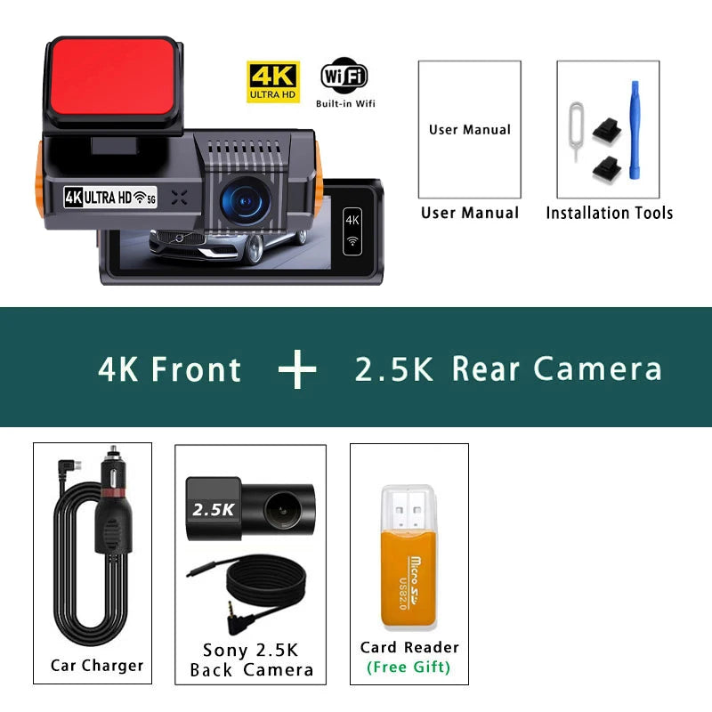 UHD 4K+2.5K 2160P Dual Lens ADAS Dash Cam with WiFi GPS Mini Car DVR 2.5K Rear Camera Video Dashcam Drive Recorder Black Box