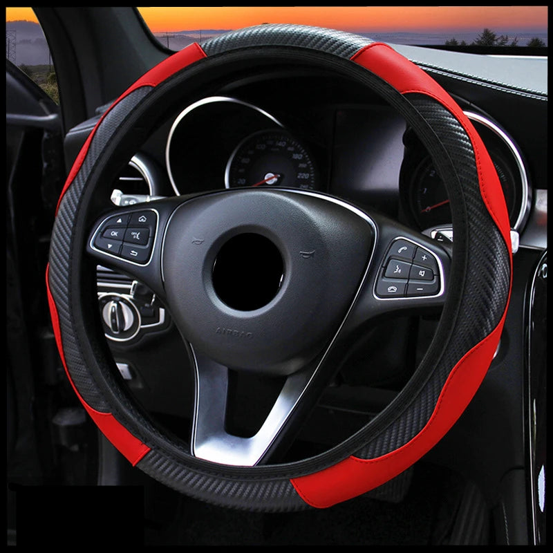 Car accessories Carbon Fiber PU Leather Steering Wheel Cover for Hyundai I10 Peugeot 2008 Dacia Sandero Stepway CM World