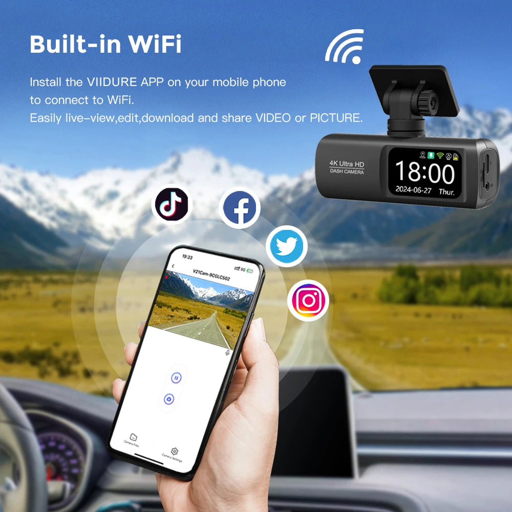 UHD 4K WiFi Dash Cam Dual Lens Driving Recorder Car DVR Optional 1080P Rear Lens Camera GPS 24H Parking Monitoring Black Box Car Mobile World