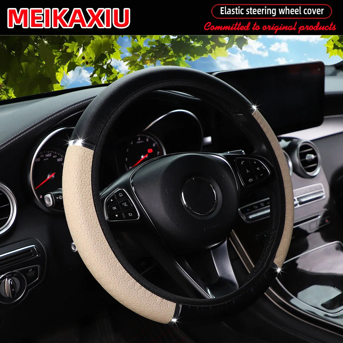 PU Leather Snowflake Steering Wheel Cover with Metal Strip 14.5-15 Inch Car Interior Accessory Rimless