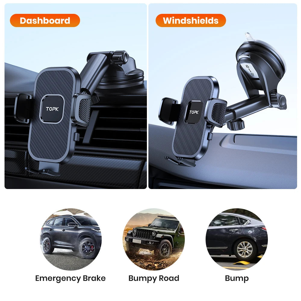 TOPK Upgraded Car Phone Mount for Dashboard, Secure and Stable Hands-Free Cell Phone Holder Compatible with All Smartphones CM World