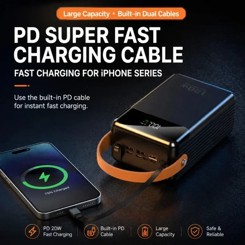 Portable Charger Power Bank with Built-in Dual Cables 60000mAh 80000mAh 120W External Battery for Travel Use