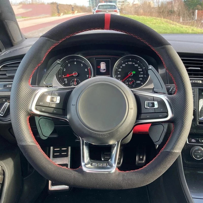 Customized Car Steering Wheel Cover Hand Sewing Braid Suede For Volkswagen Golf 7 GTI Golf R MK7 VW Polo GTI Scirocco 2015 2016 CM World