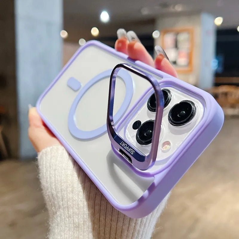 For Magsafe Stand Glass Lens Protector Case For iPhone17 16 15 14 13 11 12 Pro Max 16 Plus Luxury Magnetic Shockproof Back Cover Car Mobile World