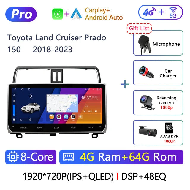 12.3" 2 Din Android Car Radio Multimedia DVD Player For Toyota Land Cruiser Prado 150 2018-2023 Navigation GPS Carplay Head Unit CM World