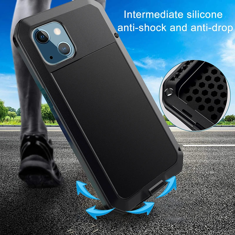 IP54 Waterproof Heavy Duty Metal Case For iPhone 17 Air 16 15 Pro Max 14 Plus 13 12 Mini 11 With Gorilla Glass Cover Fundas