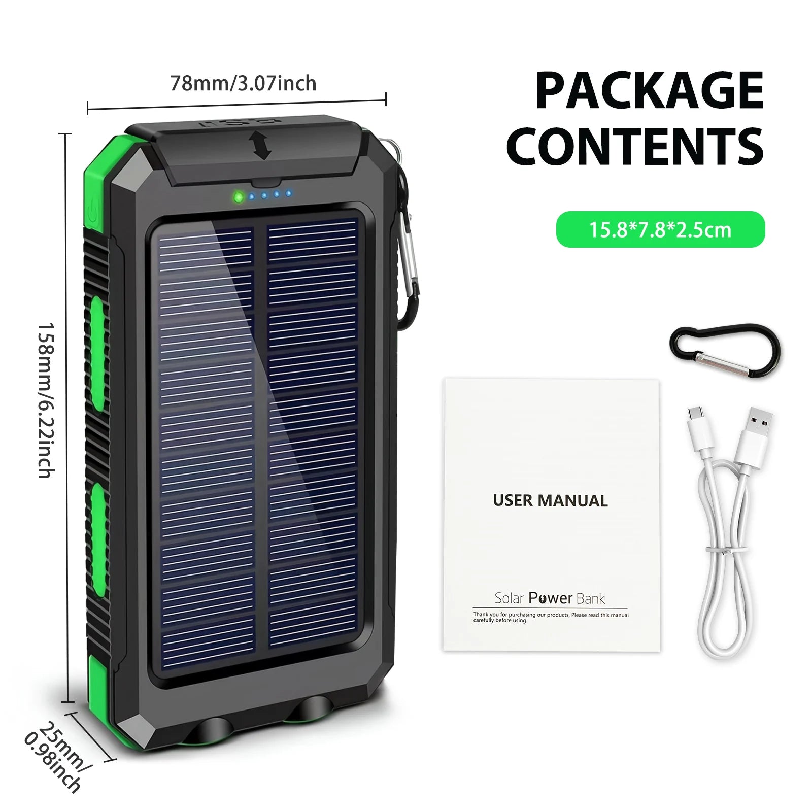 30000mAh Portable Solar Power Bank External Battery Waterproof Dual 5V 1A USB Ports LED Flashlight for iPhone Samsung Tablets Car Mobile World