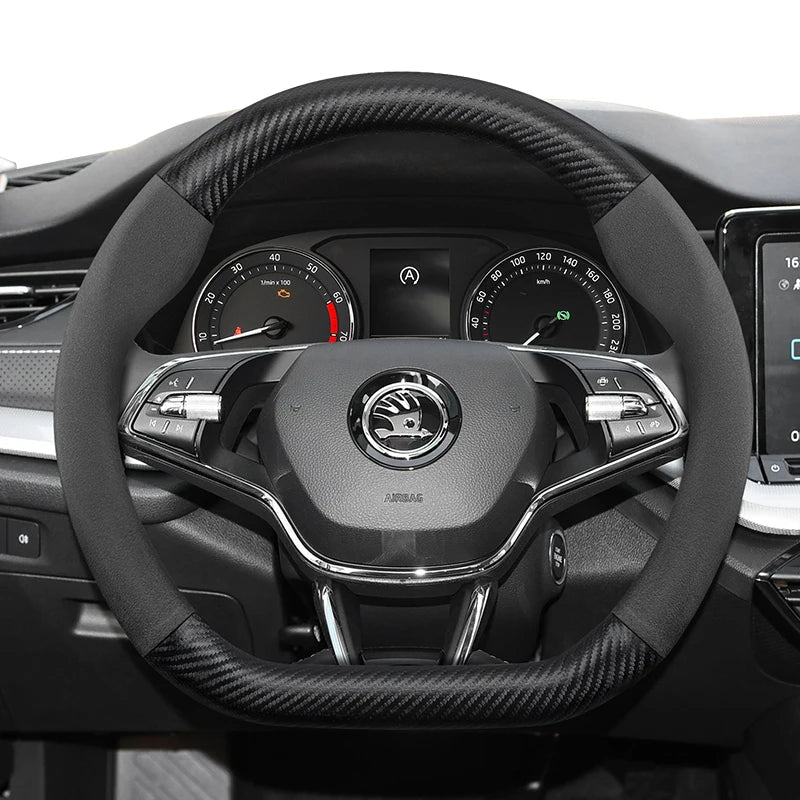 Suitable for Skoda Suede Matte Carbon Fiber Texture Steering Wheel Cover Suitable for Octavia 2 3 A7 1 Superb Roomster A5 Rapid Karoq Yeti Spaceback Fabia Monte Carlo Mk3 Accessories CM World