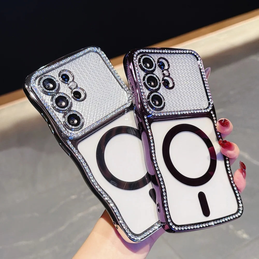 Luxury Glitter Diamond for Magsafe Plating Case for Samsung Galaxy S26 Ultra Plus Bling Camera Protector Transparent Wave Cover