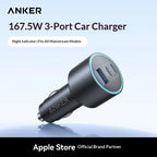 Anker 167.5w 3-Port Fast Car Charger, 2 Usb-C + 1 Usb-A Pd Qc3.0 High-Speed Adapter For Multi-Device Road & Travel Charging