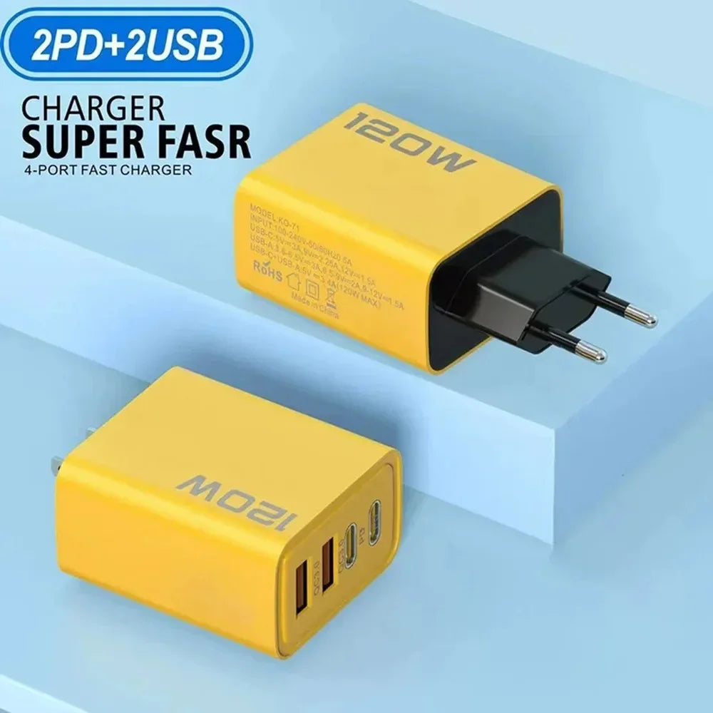 Total 120W Phone Charger Fast Charging Quick Charger PD USB Type C Wall Adapter For iPhone 16 15 Xiaomi 14 Huawei Redmi Oneplus Car Mobile World