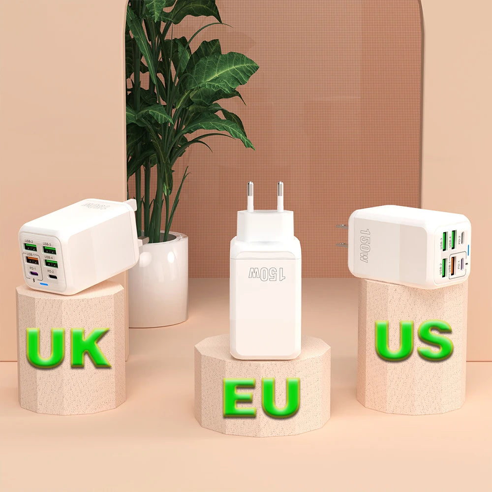 150W 6 Ports Pd QC 4.0 Usb C Fast Charger Wall Adapter Super Fast Charging For Iphone Samsung Ipad Xiaomi Huawei Oneplus Oppo Car Mobile World
