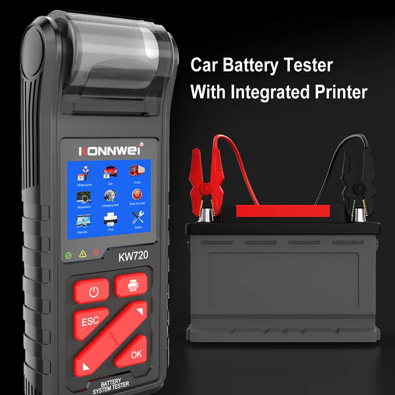 KONNWEI KW720 6V 12V 24V Battery Tester Analyzer Charging Cranking Test Tool for Car Motorcycle Truck with Integrated Printer