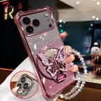Glitter Butterfly Mirror Crystal Bracelet Case for IPhone 17 Air 16 16E 15 14 Plus 13 12 11 Pro XS Max XR X  Shockproof Cover