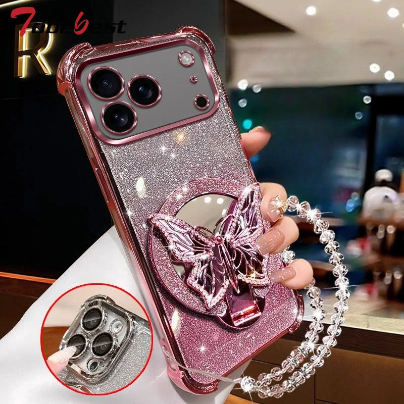 Glitter Butterfly Mirror Crystal Bracelet Case for IPhone 17 Air 16 16E 15 14 Plus 13 12 11 Pro XS Max XR X  Shockproof Cover