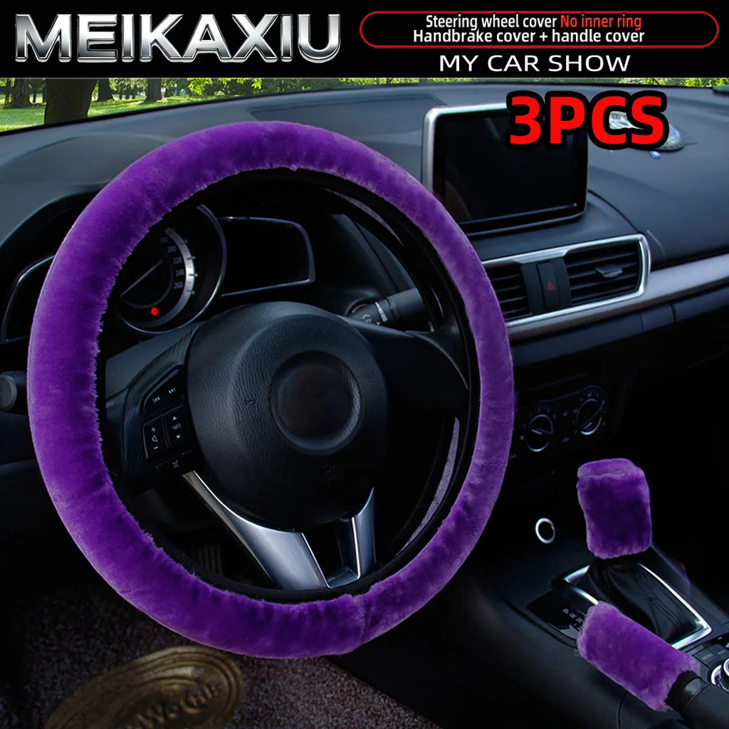 3PCS winter black and pink plush warm car non-ring steering wheel cover, handbrake cover, gearshift cover, women's style