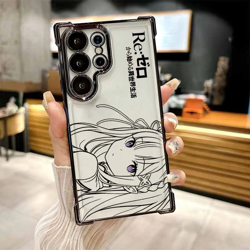 Anime Cute Rem Emilia For Samsung S26 S25 Edge S24 S23 S22 S21 S20 FE Ultra Plus Lite Plating Anti-Fall Phone Case