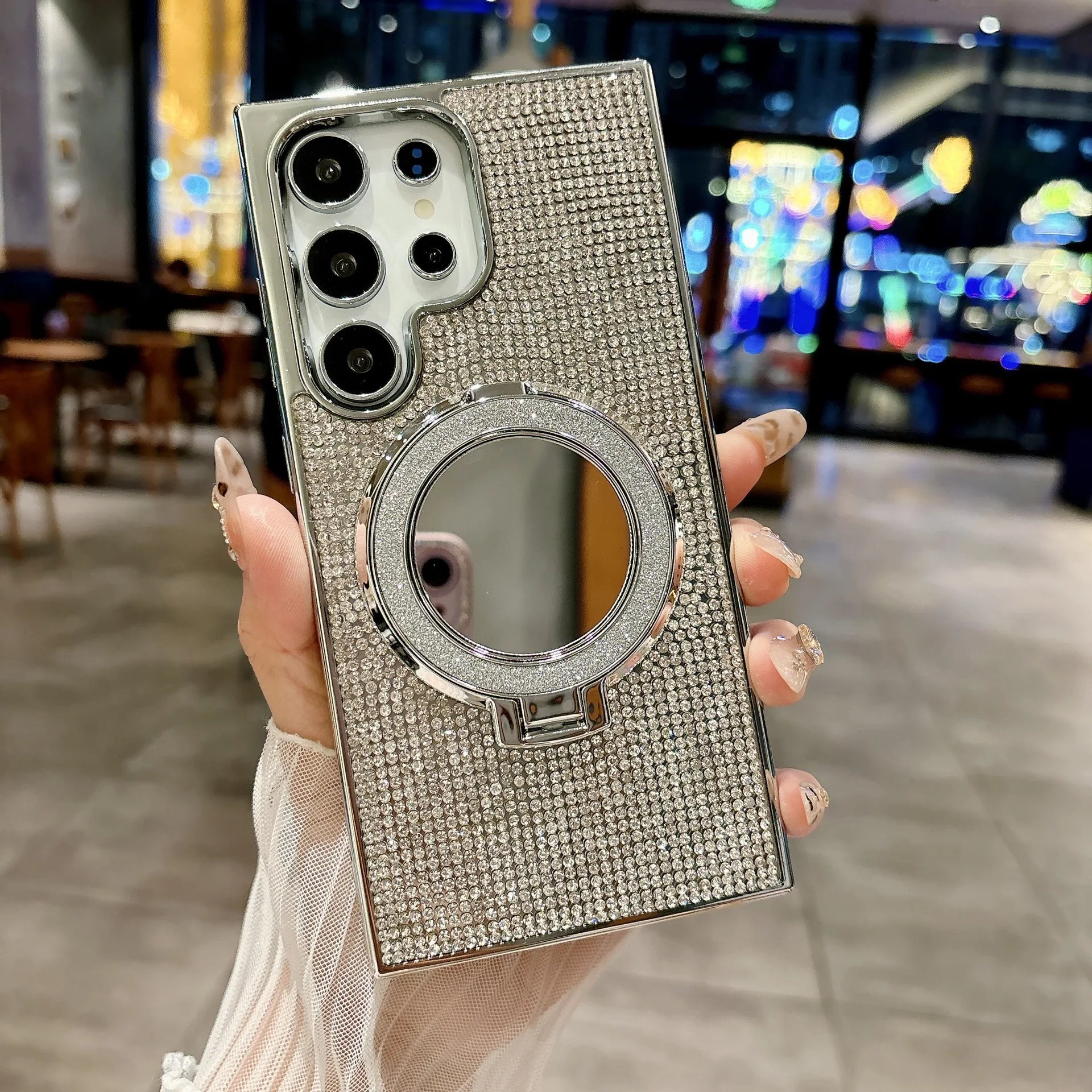 Glitter Stand Mirror Magnetic Cover For Samsung Galaxy S26 S25 Plus S22 S23 S24 Ultra Plating Folding Bracket Diamond Phone Case