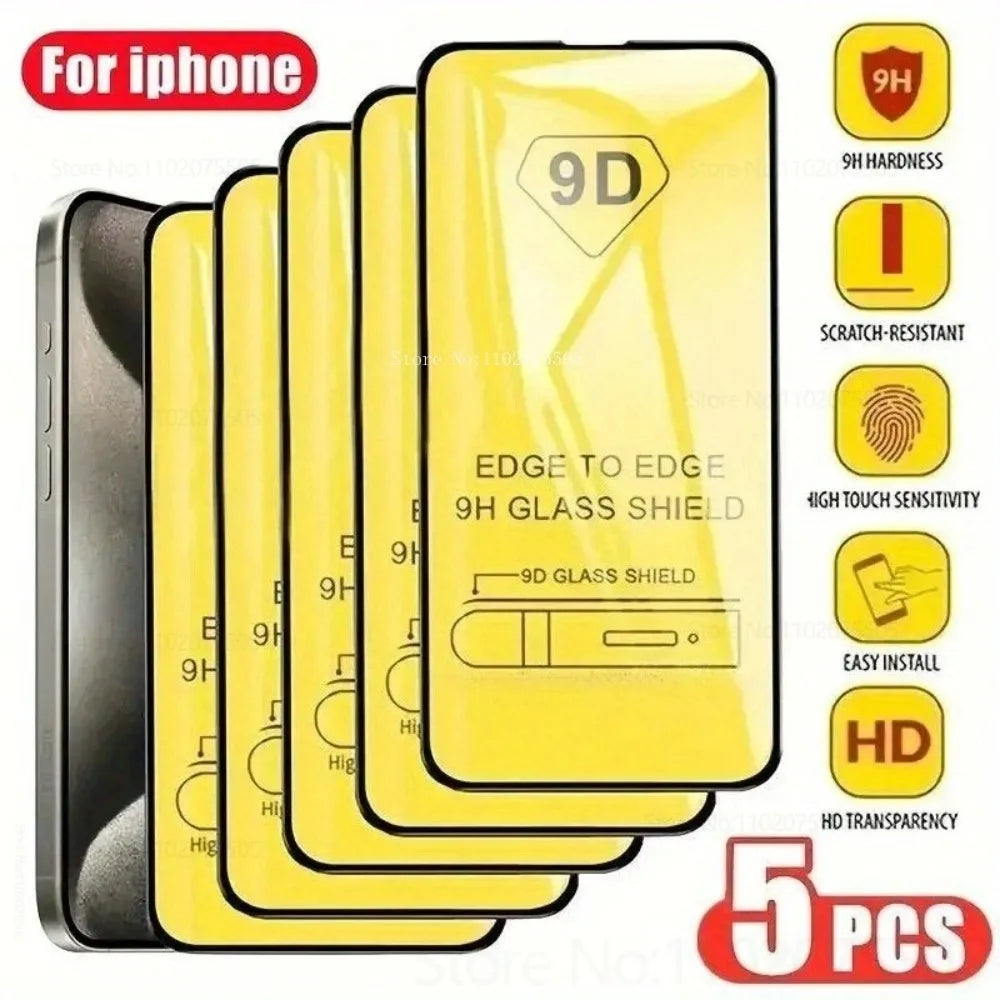 5Pcs 9H Tempered Glass for IPhone 16 Promax 14 Plus 15 Promax 11 12 13Mini 7 8 Screen Protector 17 Promax 15 Plus 16E Black Edge Car Mobile World