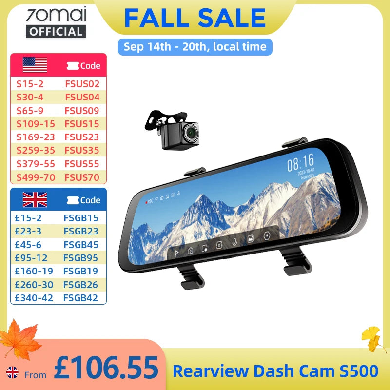 70mai Rearview Dash Cam S500 9.35'' Touch Screen 70mai S500 Car DVR 3K Super Capacitor Dual-Channel HDR Voice Control 24H Park