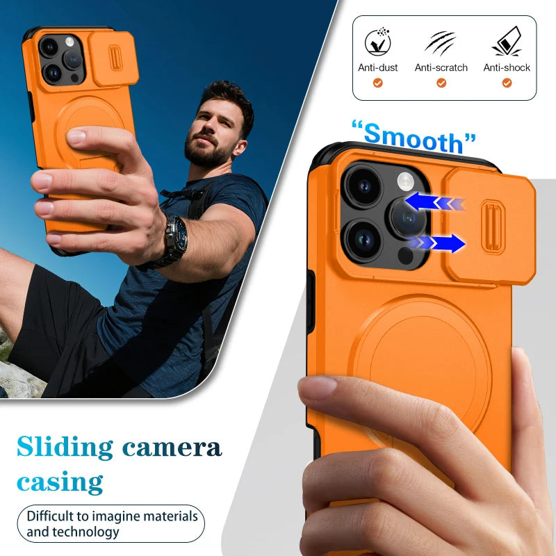 Shockproof Armor Bracket Magnetic Case for iPhone 17 16 E 15 14 13 11 12 Pro Max Mini For Magsafe Sliding Camera Protect Cover
