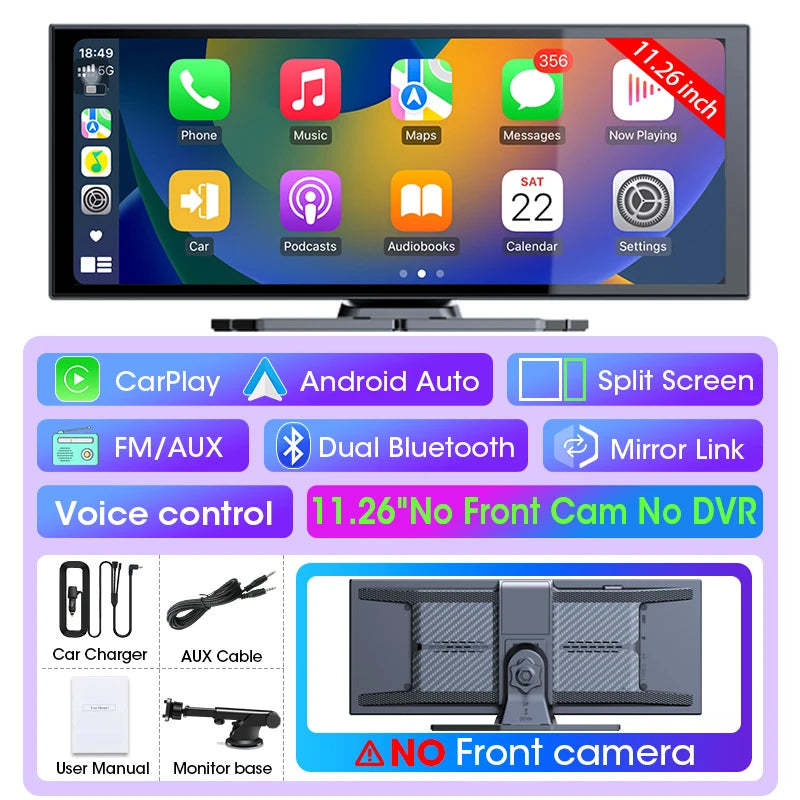 11.26 inch Dash Cam Car DVR 4K Camera Wireless Carplay Android Auto Touch Screen Dual Len Video Recorder Dashboard BT FM AUX GPS Car Mobile World
