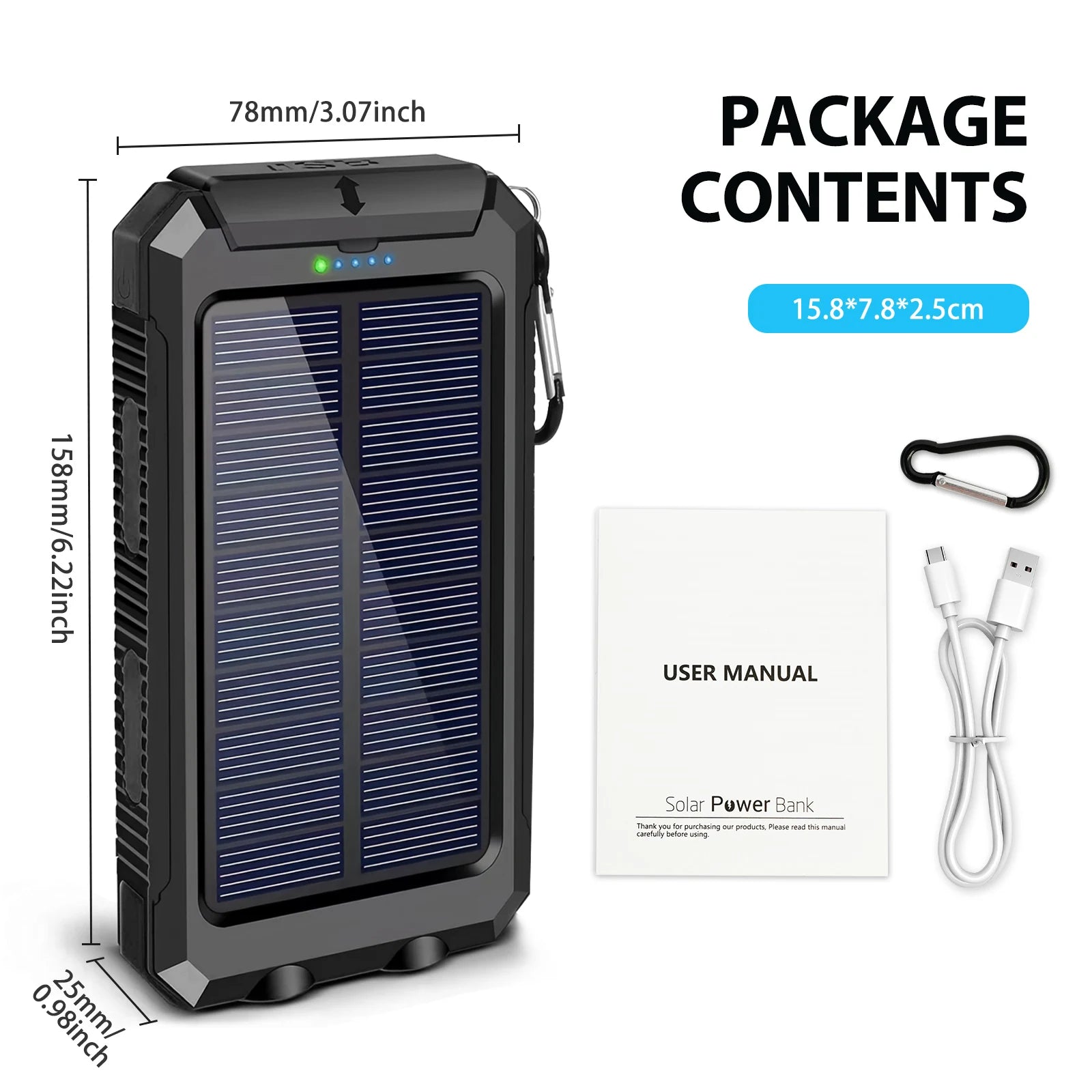30000mAh Portable Solar Power Bank External Battery Waterproof Dual 5V 1A USB Ports LED Flashlight for iPhone Samsung Tablets Car Mobile World
