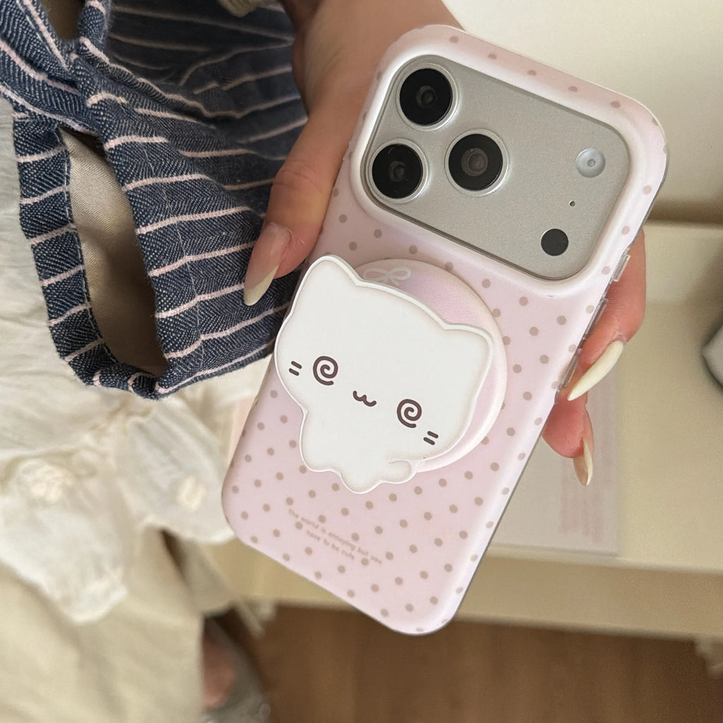 Cute Simple Wave Point Pattern Matte Pink Protective Cover Case For iPhone 17 16 15 14 Pro Max with Cat Magnetic Holder
