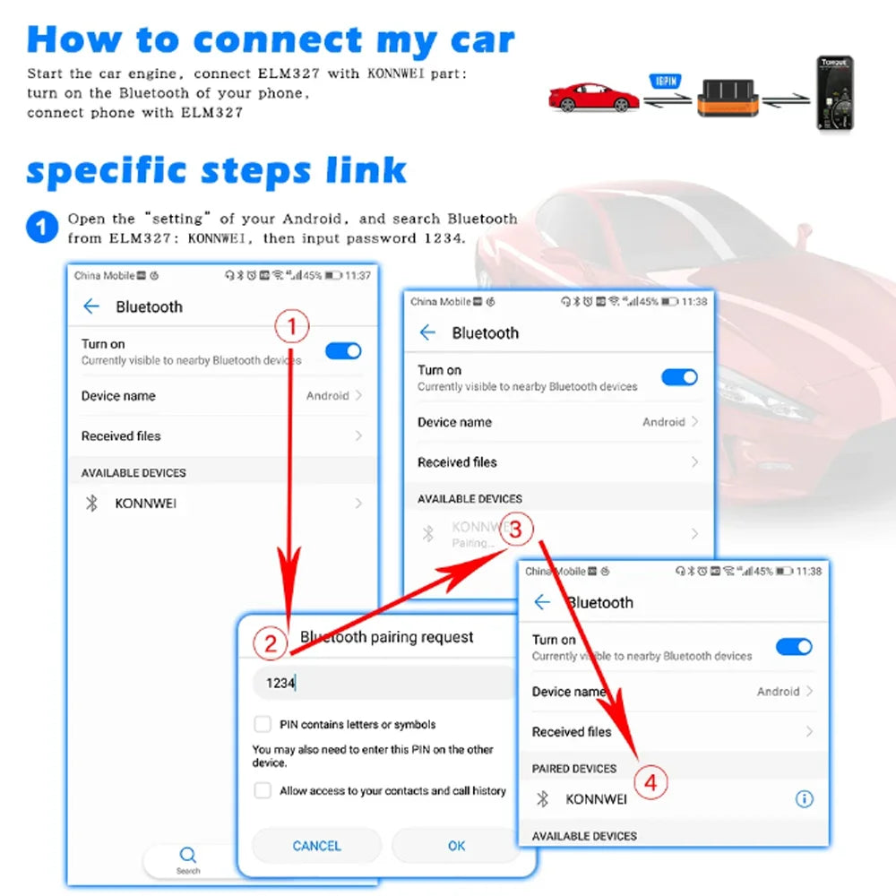 2025 New KONNWEI KW901 ELM327 V1.5 Bluetooth5.0 Car Auto OBD2 Scanner Android/IOS Car Diagnostic Tool Code Reader pk Vgate ICAR2 Car Mobile World